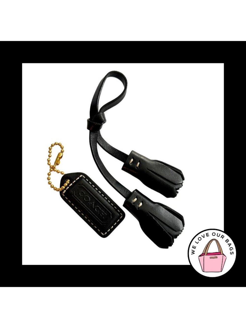 2 Lot VINTAGE Y2K COACH Black Leather Tassel Hang Tag Bag Charm Keychain Fob